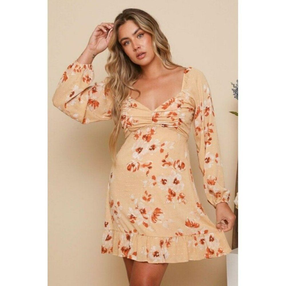 Peach Love CA Tan Floral Mini Dress with Back Tie Detailing New S-L D85376-01